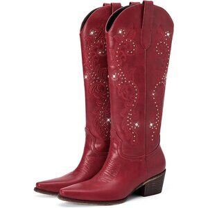 ⚡Women's Red Wide Calf Cowgirl Boot Embroidered Western Square Toe Chunky Heel